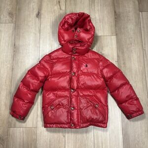 Ralph Lauren Kids Small 8 Puffer Jacket Red Removable Hood Duck Down Full Zip